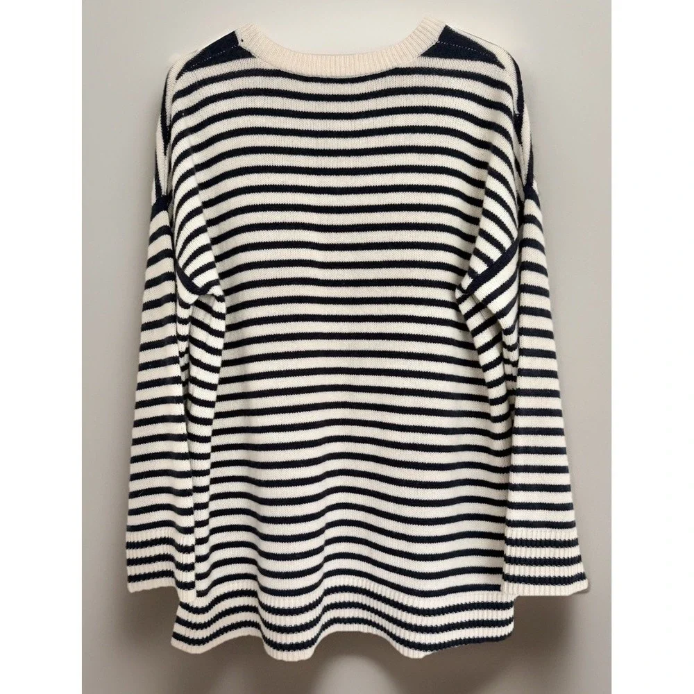 Jenni Kayne 100% Cashmere Boyfriend Sweater Navy Striped Nautical Luxury‎ L